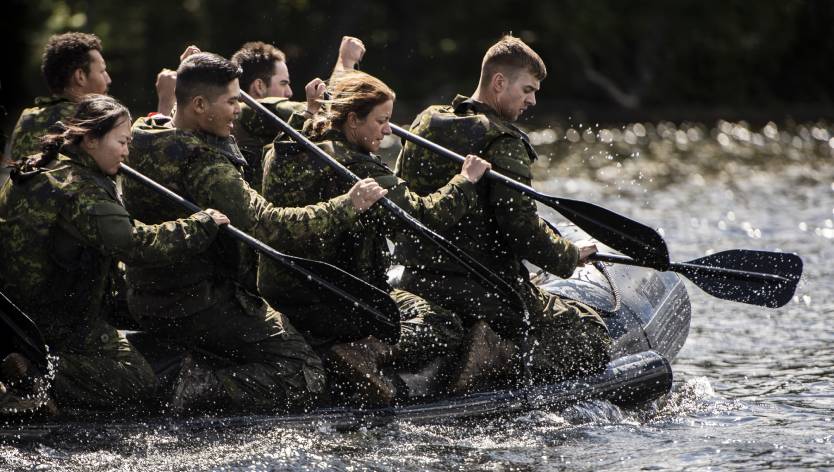 Soldiers rowing a raft